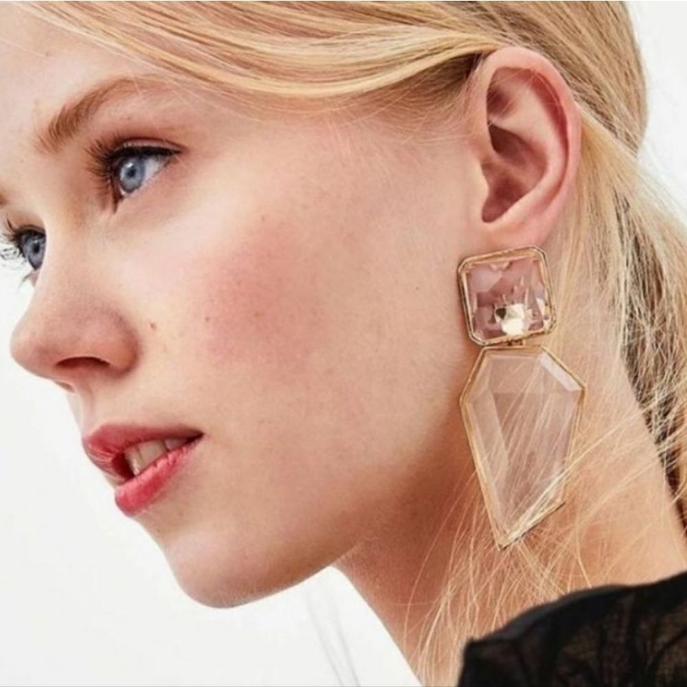 New! ZARA Clear acrylic geometric statement fashion goldtone trim earrings NWOT